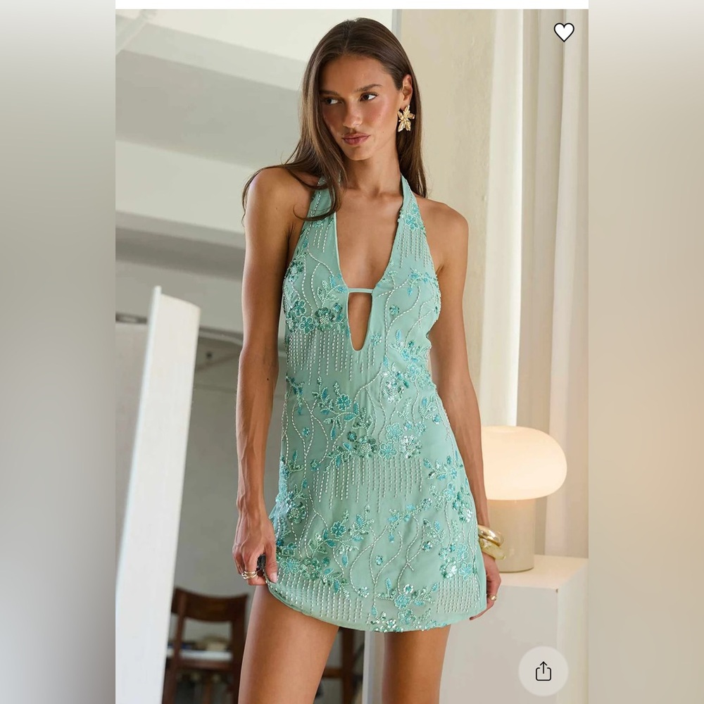 Halter Beaded Aqua Mini Dress PRINCESS POLLY NWT